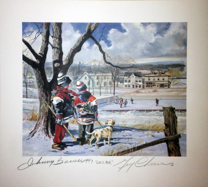 Let'S Ask Lithograph, Signed: Johnny Bower & Gerry Cheevers (9.5" By 8.5"), Toronto Maple Leafs, Boston Bruins, NHL, Hockey, Autographed, Signed, AALCH30346