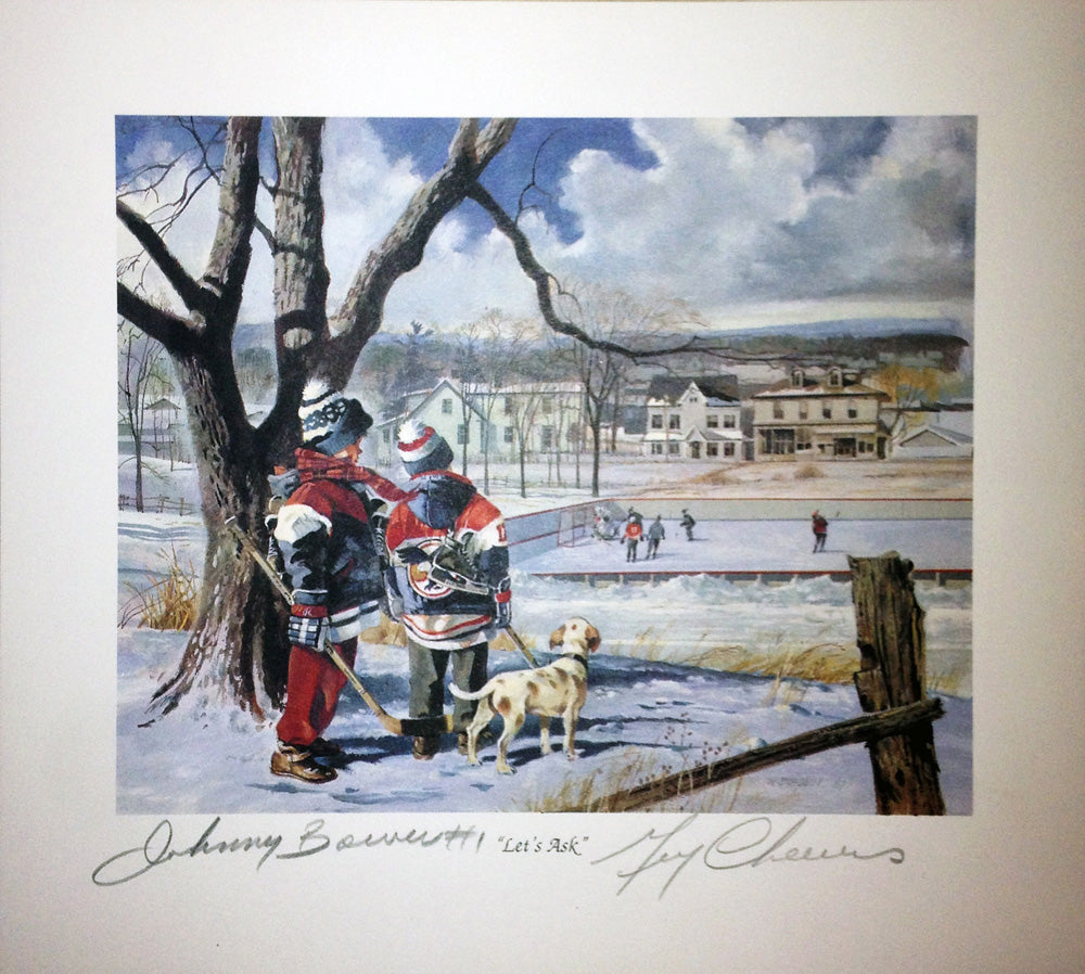 Let'S Ask Lithograph, Signed: Johnny Bower & Gerry Cheevers (9.5" By 8.5"), Toronto Maple Leafs, Boston Bruins, NHL, Hockey, Autographed, Signed, AALCH30346