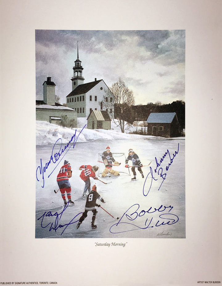 Signed By B. Hull, J. Bower, Y. Cournoyer & M. Dionne Saturday Morning Litho, Toronto Maple Leafs, Montreal Canadiens, LA Kings, NHL, Hockey, Autographed, Signed, AALCH30350