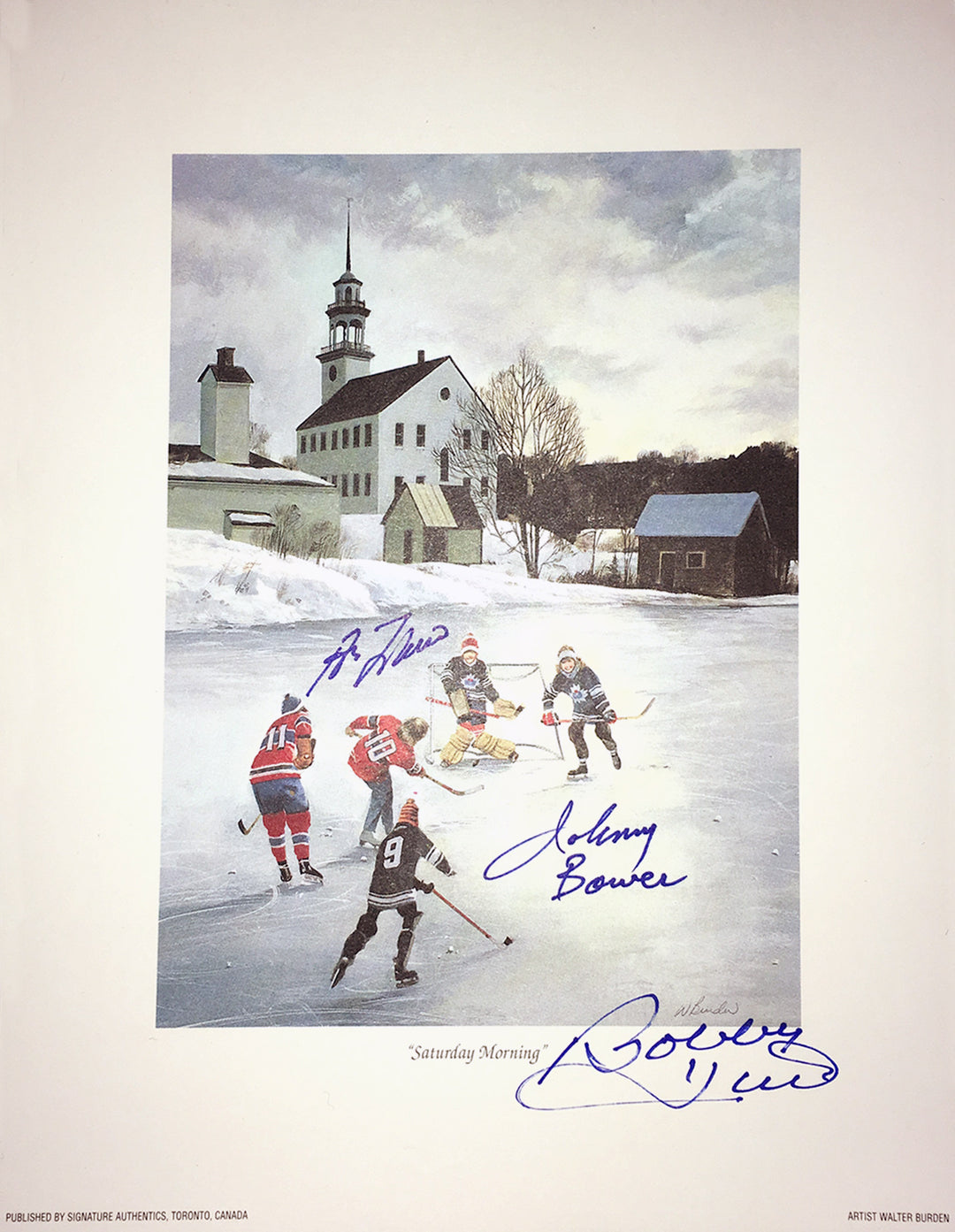 Signed Johnny Bower, Guy Lafleur, Bobby Hull, Litho Montreal, Chicago, Toronto, Montreal Canadiens, Chicago Blackhawks, Toronto Maple Leafs, NHL, Hockey, Autographed, Signed, AALCH31356