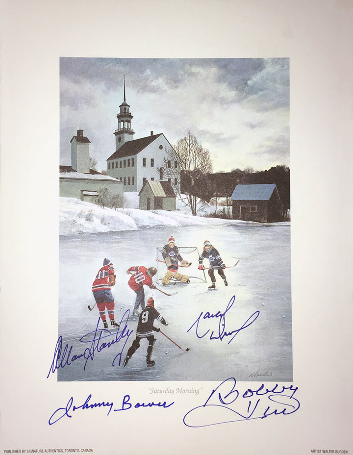 Signed J. Bower, B. Hull, A. Stanley, M. Dionne Lithograph Hhof (9.5" By 8"), Toronto Maple Leafs, Chicago Blackhawks, LA Kings, NHL, Hockey, Autographed, Signed, AALCH31355