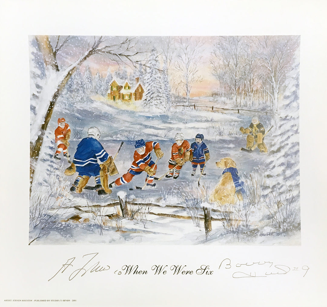 Bobby Hull, Guy Lafleur Signed Lithograph Blackhawks, Canadiens 11.5"X10.25", Chicago Blackhawks, Montreal Canadiens, NHL, Hockey, Autographed, Signed, AALCH31819