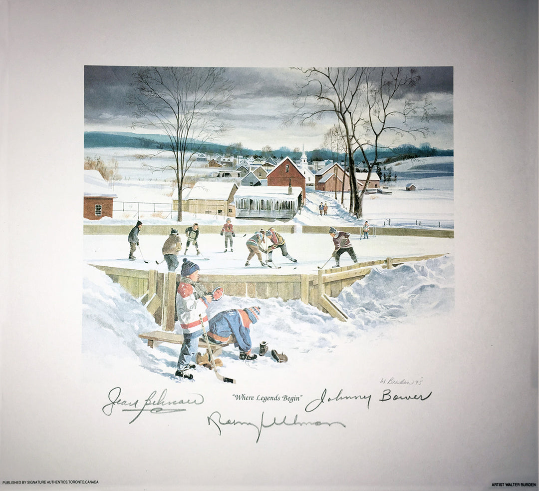 Autographed Bower, Beliveau, Ullman Lithograph Toronto, Montreal, Detroit, Toronto Maple Leafs, Montreal Canadiens, Detroit Red Wings, NHL, Hockey, Autographed, Signed, AALCH31344