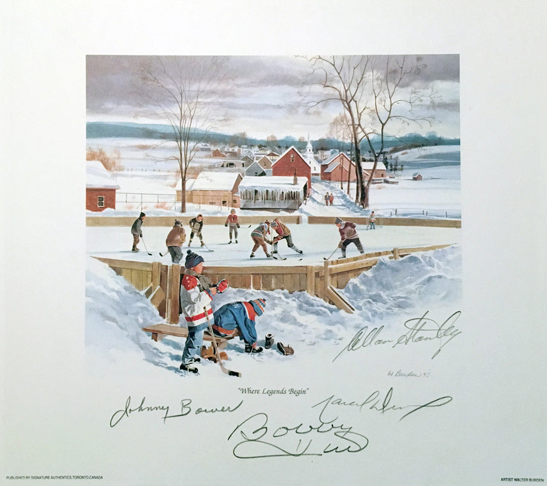 Autographed Bower, Hull, Stanley, Dionne Lithograph Toronto, Chicago, La, Toronto Maple Leafs, Chicago Blackhawks, LA Kings, NHL, Hockey, Autographed, Signed, AALCH31341
