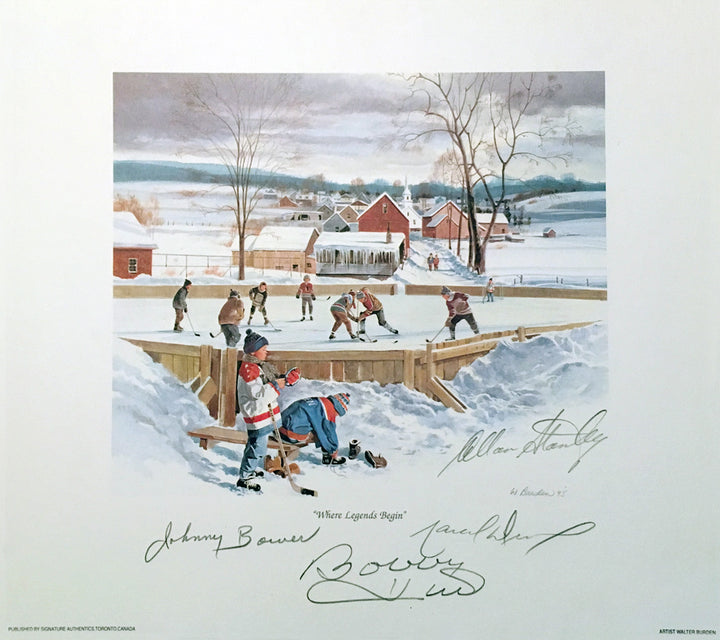 Signed Bower, Hull, Stanley, Dionne Lithograph Toronto, Chicago, La 10"X10", Toronto Maple Leafs, Chicago Blackhawks, LA Kings, NHL, Hockey, Autographed, Signed, AALCH31341