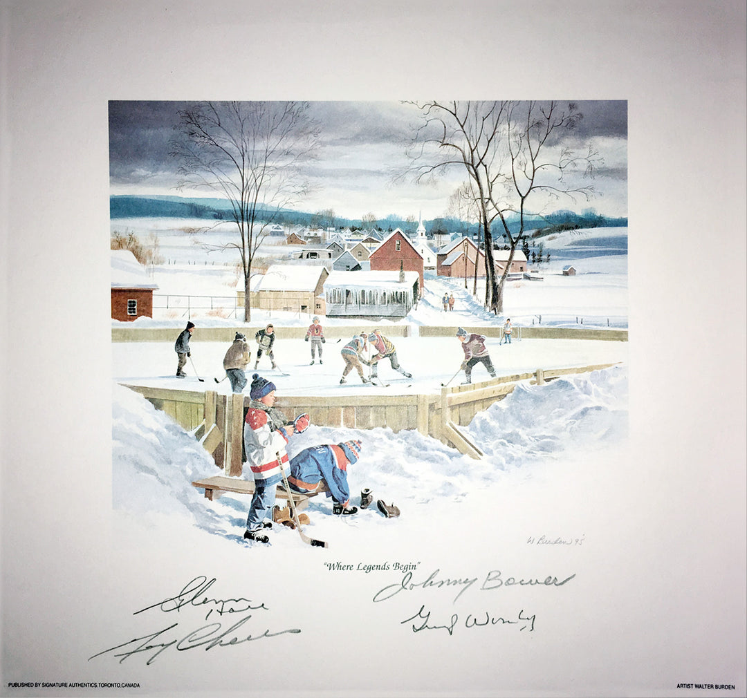 Signed Litho Bower, Cheevers, Hall, Worsley Toronto, Chicago, Montreal, Boston, Toronto Maple Leafs, Chicago Blackhawks, Montreal Canadiens, Boston Bruins, NHL, Hockey, Autographed, Signed, AALCH31349
