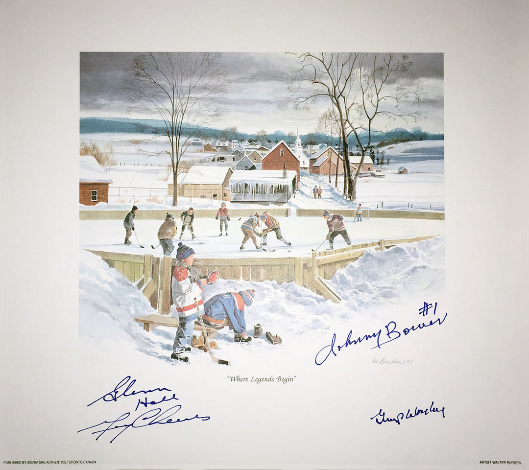 Signed Bower, Cheevers, Hall, Worsley Lithograph Leafs, Hawks, Habs, Bruins, Toronto Maple Leafs, Chicago Blackhawks, Montreal Canadiens, Boston Bruins, NHL, Hockey, Autographed, Signed, AALCH31350