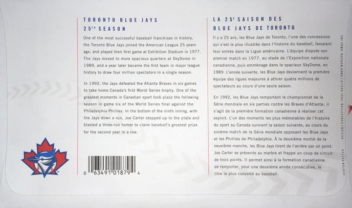 Blue Jays Day Of Issue Collectible Postage 1992 World Series (7" By 4.5"), Toronto Blue Jays, MLB, Baseball, Collectibile Memorabilia, AAPSB31721