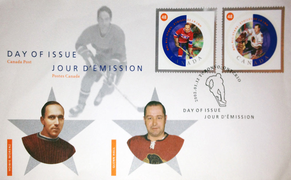 Day Of Issue Stamps 2002 Glenn Hall And Howie Morenz (7.5" By 4.5"), All-Stars, NHL, Hockey, Collectibile Memorabilia, AAPSH30410