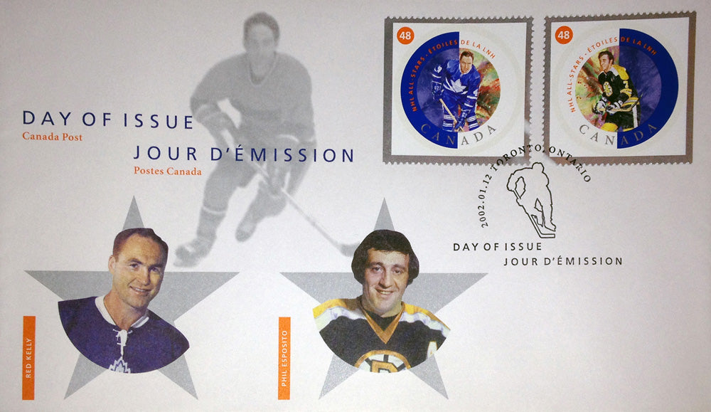 Day Of Issue Stamps 2002 Red Kelly And Phil Esposito (7.5" By 4.5"), Montreal Canadiens, Toronto Maple Leafs, NHL, Hockey, Collectibile Memorabilia, AAPSH30411