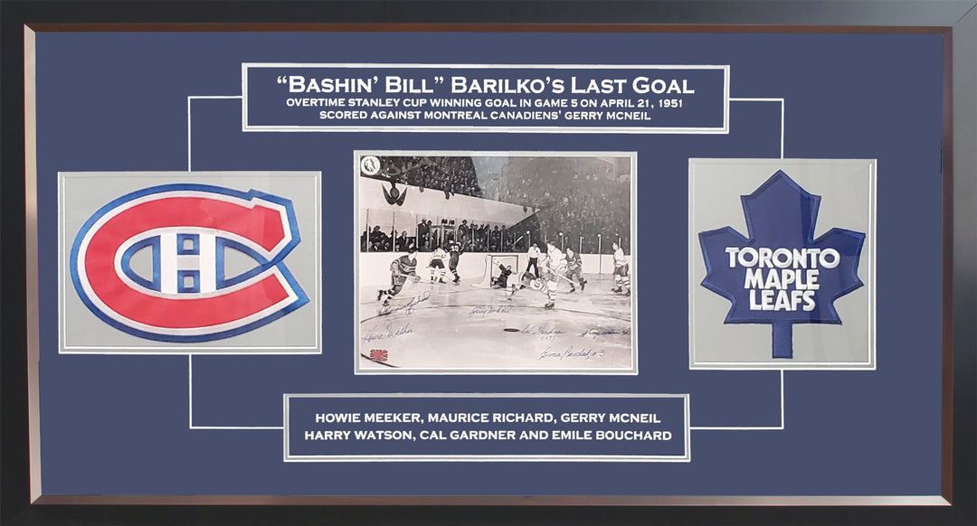 Barilko'S Last Goal Framed Photo Signed By 6 Nhl Legends 11X14 W/ Team Patches, Montreal Canadiens, Toronto Maple Leafs, NHL, Hockey, Autographed, Signed, AACMH32911