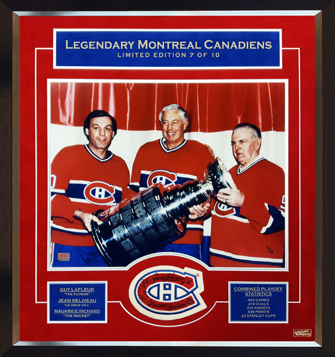 Maurice Richard, Jean Beliveau, Guy Lafleur Signed Ltd Ed /10 Patch With Photo, Montreal Canadiens, NHL, Hockey, Autographed, Signed, AACMH31945