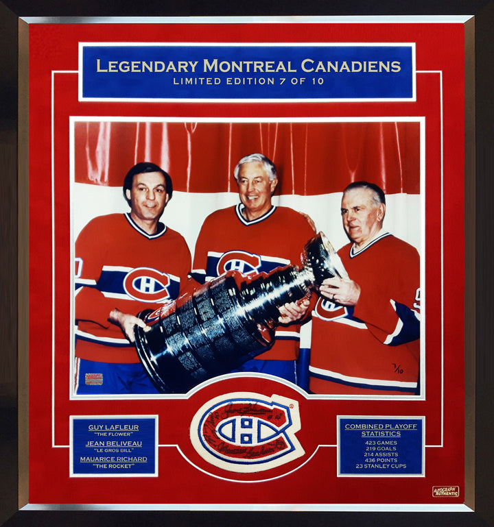 M. Richard, Jean Beliveau, Guy Lafleur Signed Ltd /10 Patch & Photo 26"X24", Montreal Canadiens, NHL, Hockey, Autographed, Signed, AACMH31945