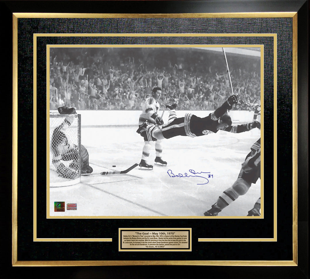 Bobby Orr "The Goal" Signed 16X20 Framed Photo Boston Bruins, Boston Bruins, NHL, Hockey, Autographed, Signed, AACMH30192