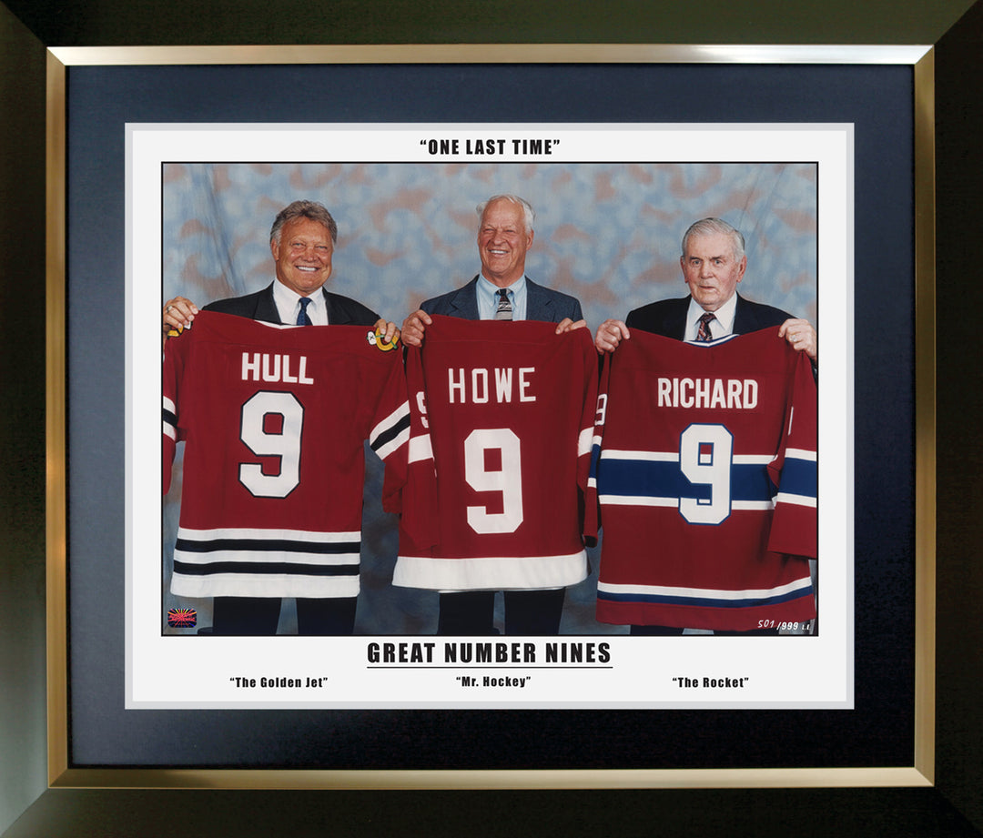 Great Nines, Maurice Richard, Gordie Howe, Bobby Hull Framed Three Great Nines, Montreal Canadiens, Blackhawks, Detroit Red Wings, NHL, Hockey, Collectibile Memorabilia, AACMH31254