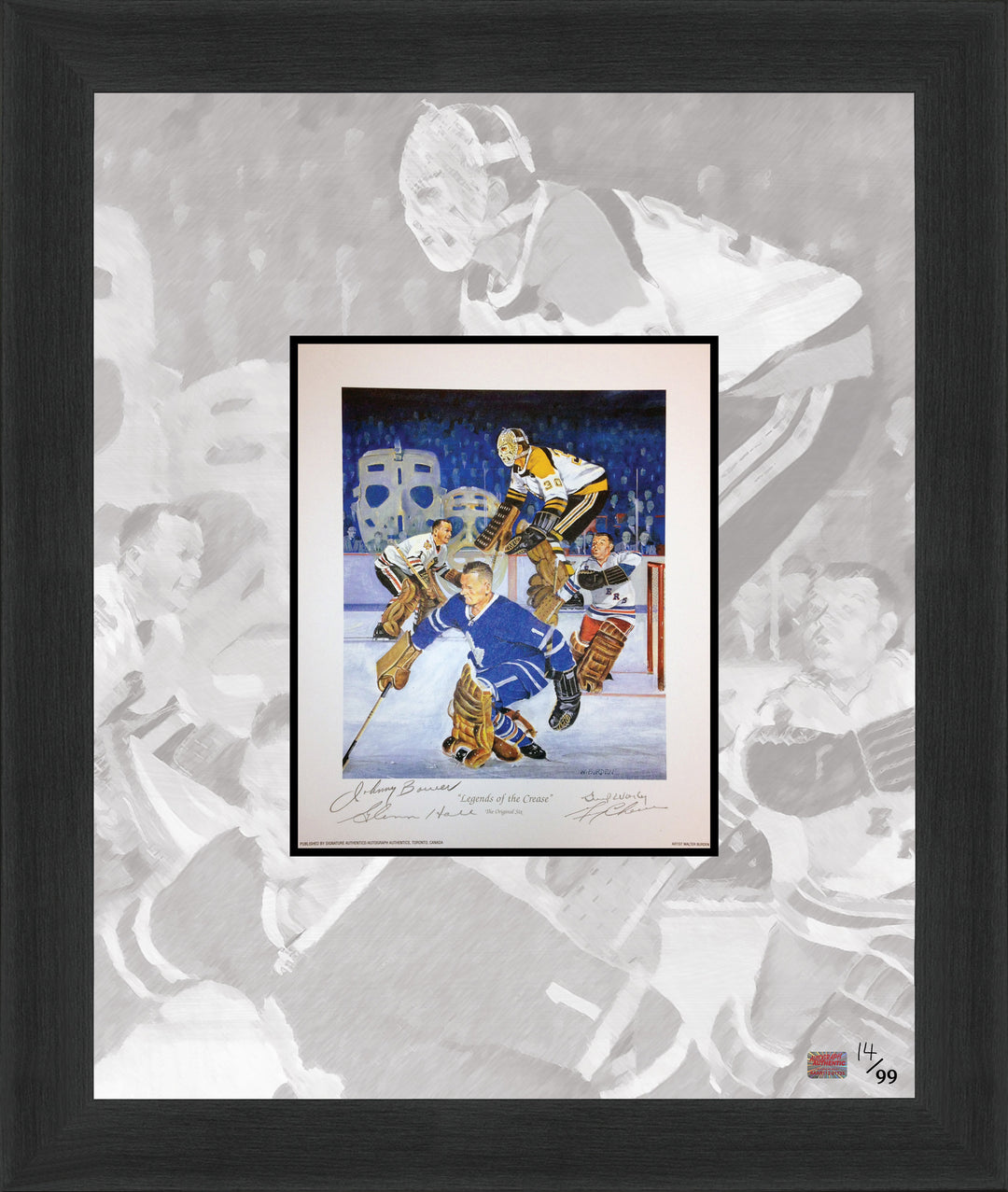 Framed "Legends Of The Crease" Lithograph - 4 Autographs Limited Edition Of 99, Toronto Maple Leafs, Boston Bruins, Montreal Canadiens, Chicago Blackhawks, NHL, Hockey, Autographed, Signed, AACMH32956