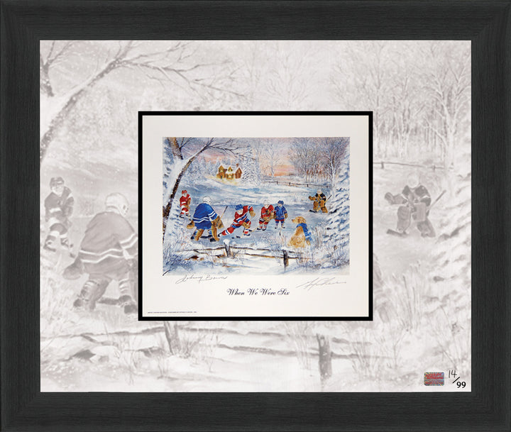 Framed Johnny Bower & Gerry Cheevers Signed Ltd Ed /99 Litho When We Were Six, Toronto Maple Leafs, Boston Bruins, NHL, Hockey, Autographed, Signed, AACMH32958