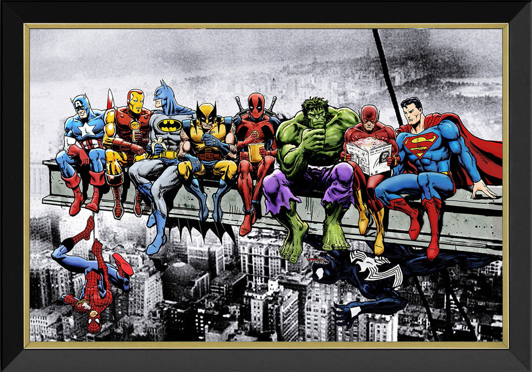 Marvel & Dc Superheroes Lunch Atop A Skyscraper Framed Art Reprint 33.5"X23.5", Marvel, DC, Pop Culture Art, Comics, Collectibile Memorabilia, AAAPC32784