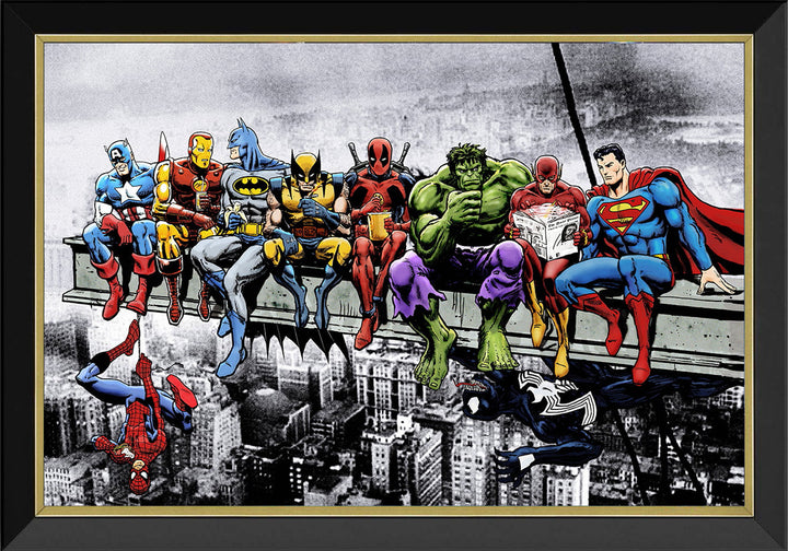 Marvel & Dc Superheroes Lunch Atop A Skyscraper Framed Art Reprint 33.5"X23.5", Marvel, DC, Pop Culture Art, Comics, Collectibile Memorabilia, AAAPC32784