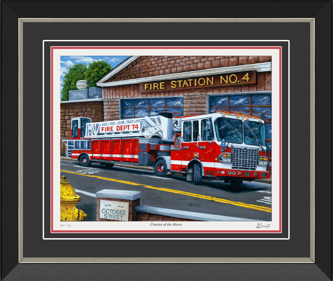 "Chariot Of The Brave" Framed Fire Truck By Ryan Lewis Ltd Ed /77, 29.5"X25.5", Modern Art, Canadian Art, Art, Autographed, Signed, AAAPA33194