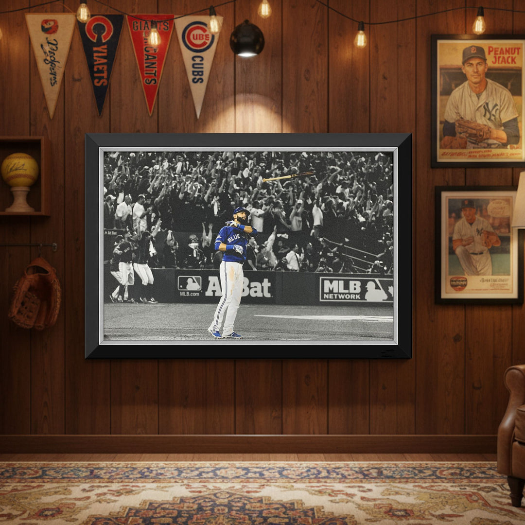 Jose Bautista Iconic Bat Flip Framed Canvas Toronto Blue Jays (33.5" By 23.5"), Toronto Blue Jays, MLB, Baseball, Collectibile Memorabilia, AABCB33153