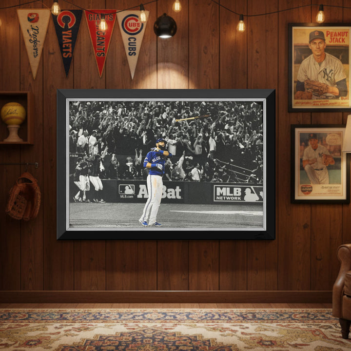 Jose Bautista Iconic Bat Flip Framed Canvas Toronto Blue Jays (33.5" By 23.5"), Toronto Blue Jays, MLB, Baseball, Collectibile Memorabilia, AABCB33153