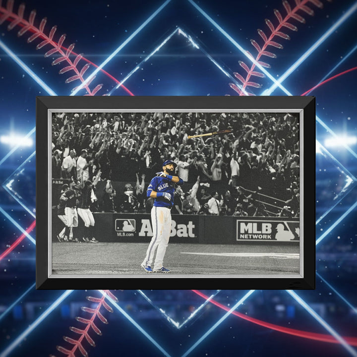 Jose Bautista Iconic Bat Flip Framed Canvas Toronto Blue Jays (33.5" By 23.5"), Toronto Blue Jays, MLB, Baseball, Collectibile Memorabilia, AABCB33153