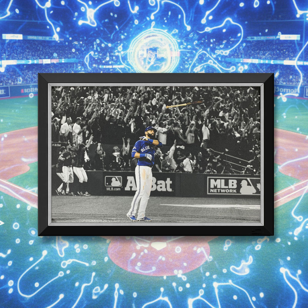 Jose Bautista Iconic Bat Flip Framed Canvas Toronto Blue Jays (33.5" By 23.5"), Toronto Blue Jays, MLB, Baseball, Collectibile Memorabilia, AABCB33153