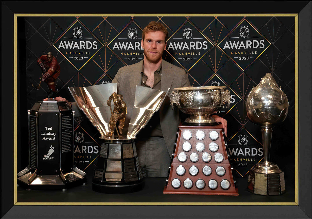 Connor Mcdavid Trophies Framed Canvas Edmonton Oilers, Edmonton Oilers, NHL, Hockey, Collectibile Memorabilia, AACMH33188
