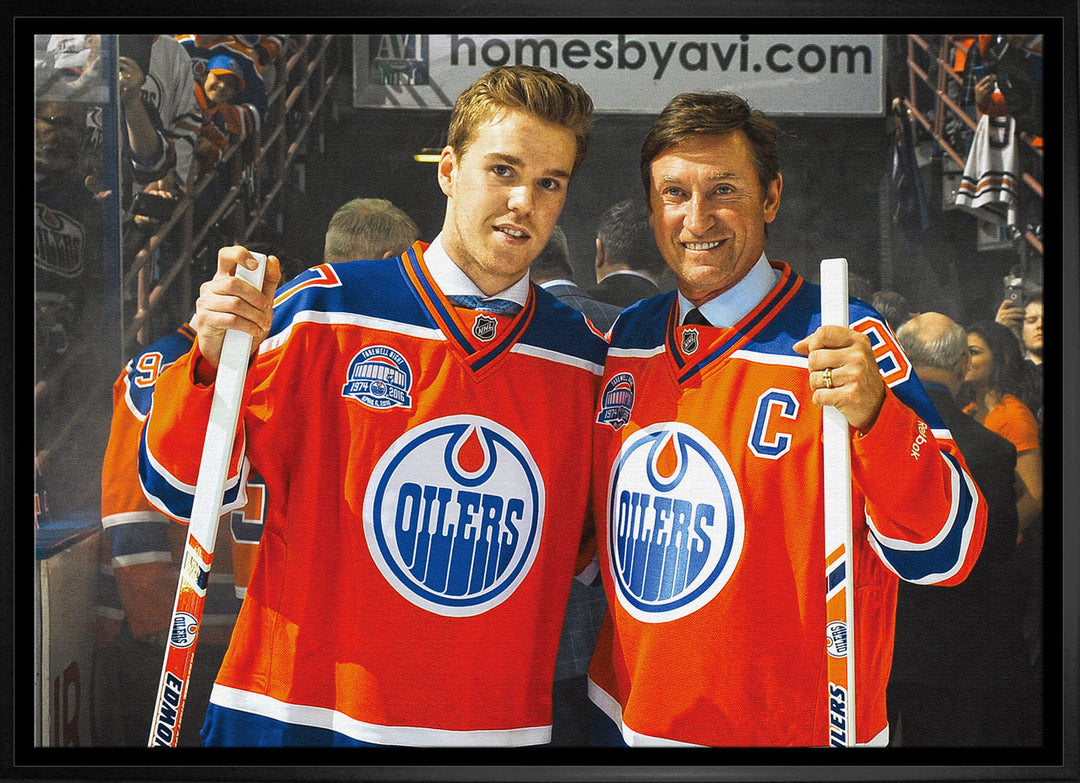 Wayne Gretzky & Connor Mcdavid Framed Canvas Edmonton Oilers, Edmonton Oilers, NHL, Hockey, Collectibile Memorabilia, AACMH33100