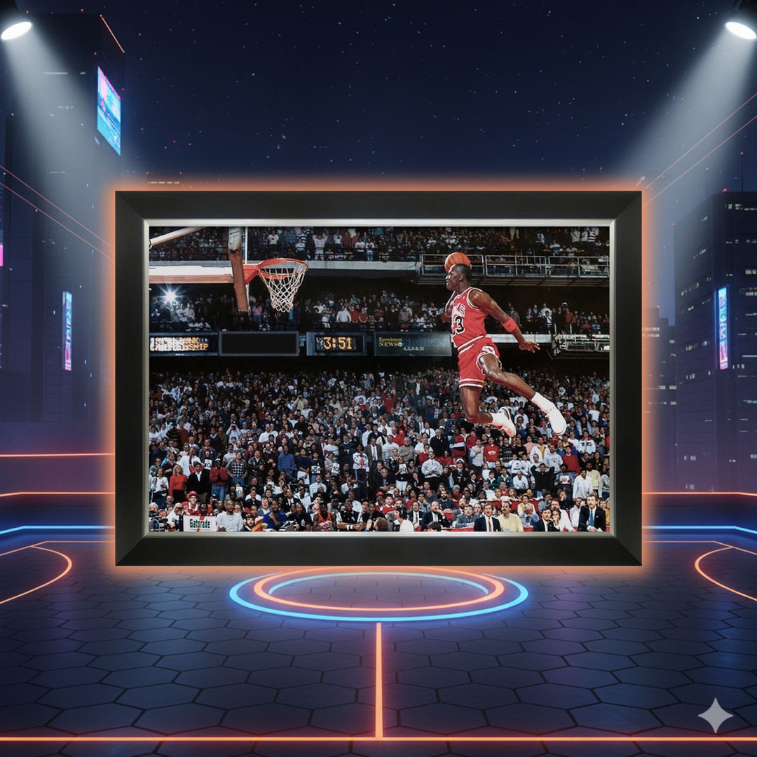 Michael Jordan 1988 All-Star Game Slam Dunk Framed Canvas (33.5" By 23.5"), Chicago Bulls, NBA, Basketball, Collectibile Memorabilia, AACMB32689