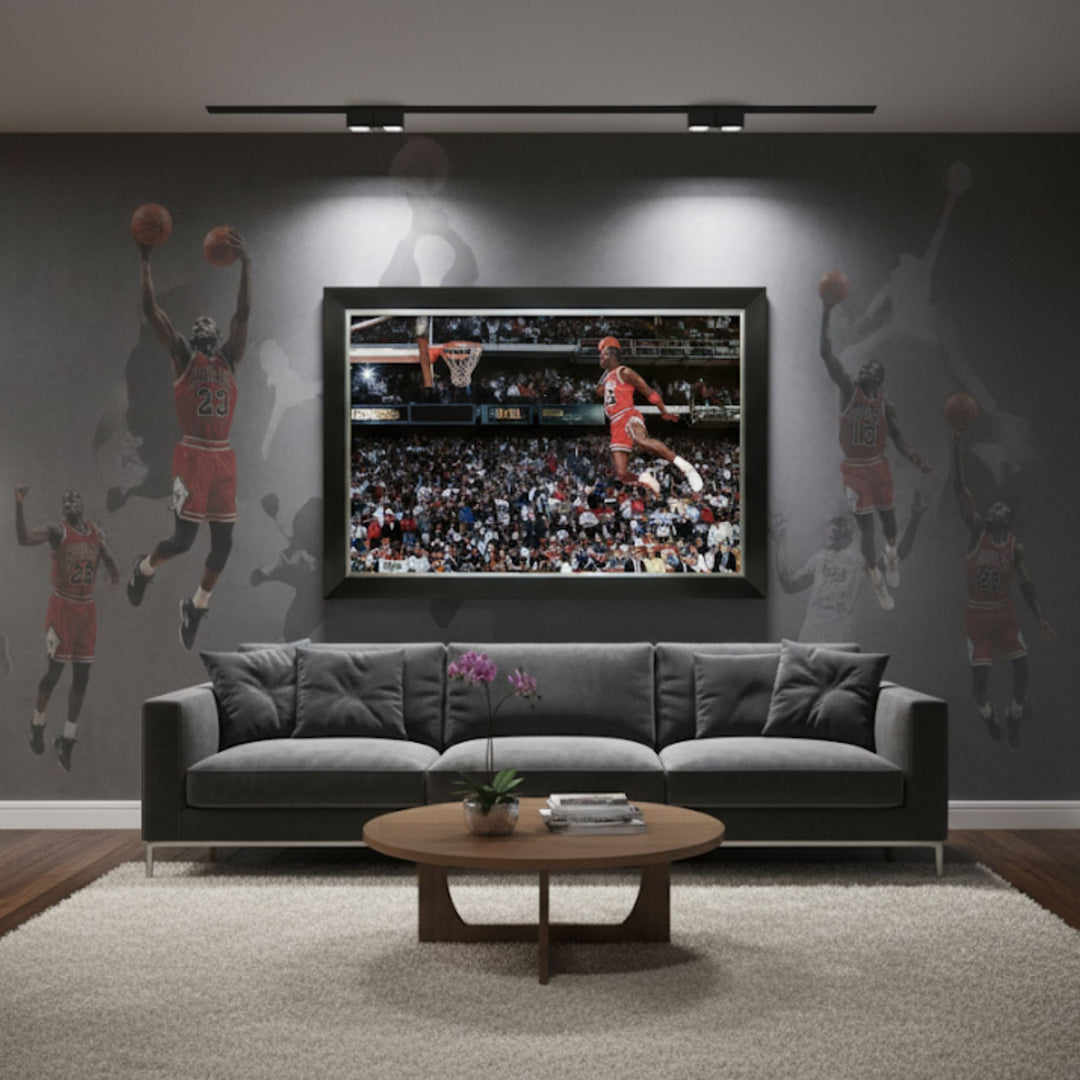 Michael Jordan 1988 All-Star Game Slam Dunk Framed Canvas (33.5" By 23.5"), Chicago Bulls, NBA, Basketball, Collectibile Memorabilia, AACMB32689