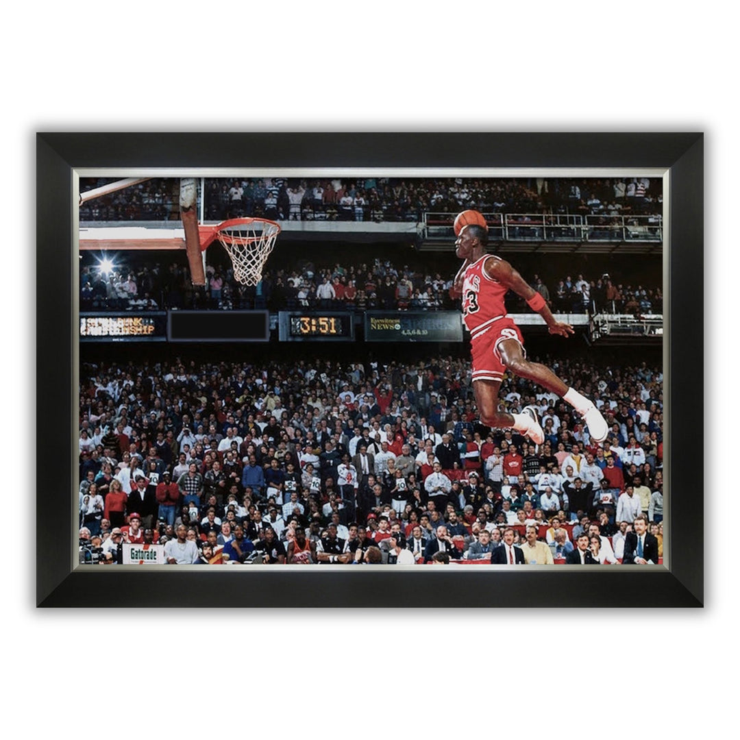 Michael Jordan 1988 All-Star Game Slam Dunk Framed Canvas (33.5" By 23.5"), Chicago Bulls, NBA, Basketball, Collectibile Memorabilia, AACMB32689