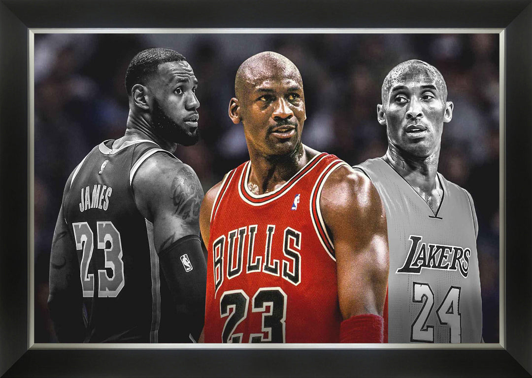 Michael Jordan, Kobe Bryant & Lebron James Framed 3 Nba Legends 33.5"X23.5", Chicago Bulls, Los Angeles Lakers, Cleveland Cavaliers, NBA, Basketball, Collectibile Memorabilia, AACMB32796