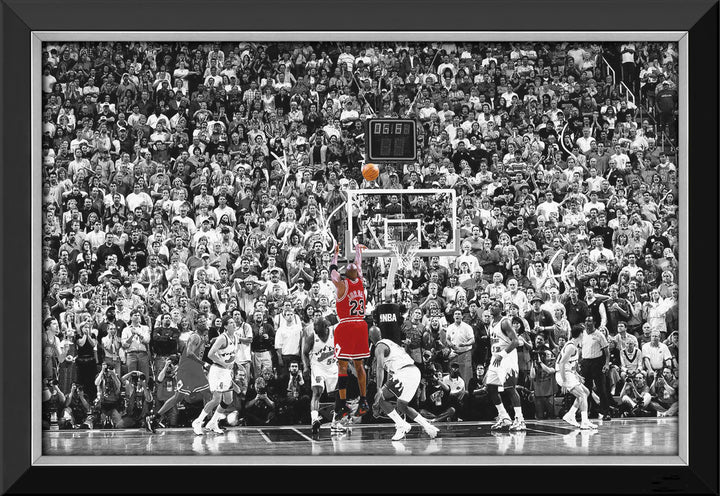 Michael Jordan Last Shot Framed Canvas (33.5" By 23.5"), Chicago Bulls, NBA, Basketball, Collectibile Memorabilia, AACMB32636