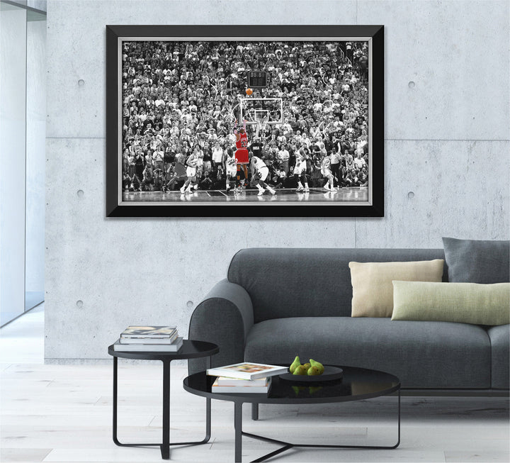 Michael Jordan Last Shot Framed Canvas, Chicago Bulls, NBA, Basketball, Collectibile Memorabilia, AACMB32636
