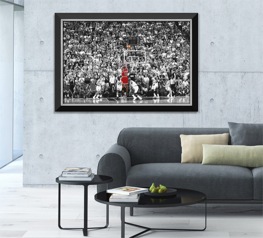 Michael Jordan Last Shot Framed Canvas (33.5" By 23.5"), Chicago Bulls, NBA, Basketball, Collectibile Memorabilia, AACMB32636
