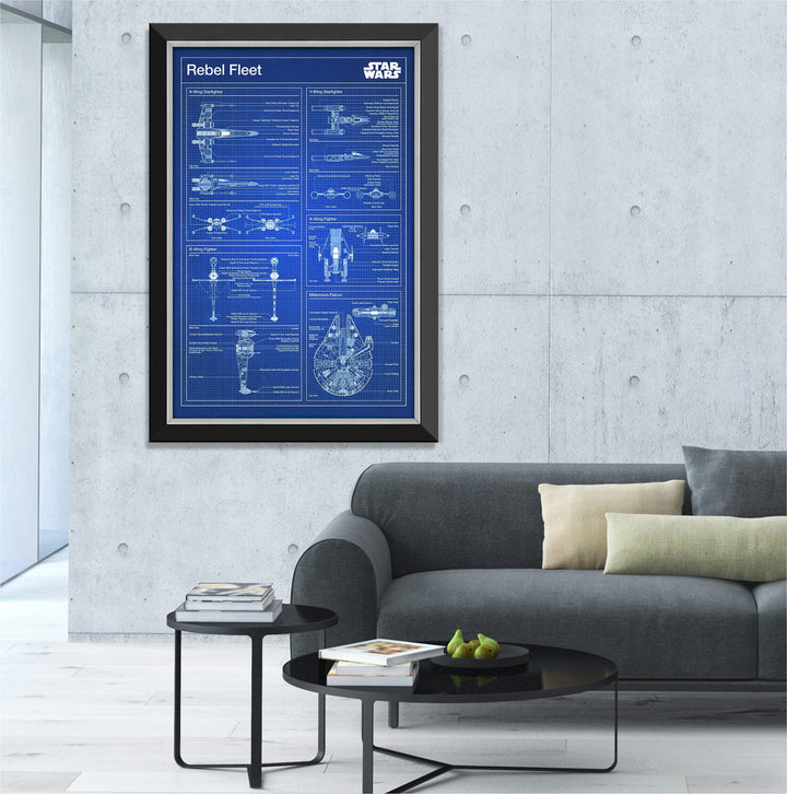 Rebel Fleet & Millennium Falcon Blueprints - Star Wars Framed Canvas (33.5"X23.5"), Star Wars, Pop Culture Art, Movies, Collectibile Memorabilia, AAAPM32630