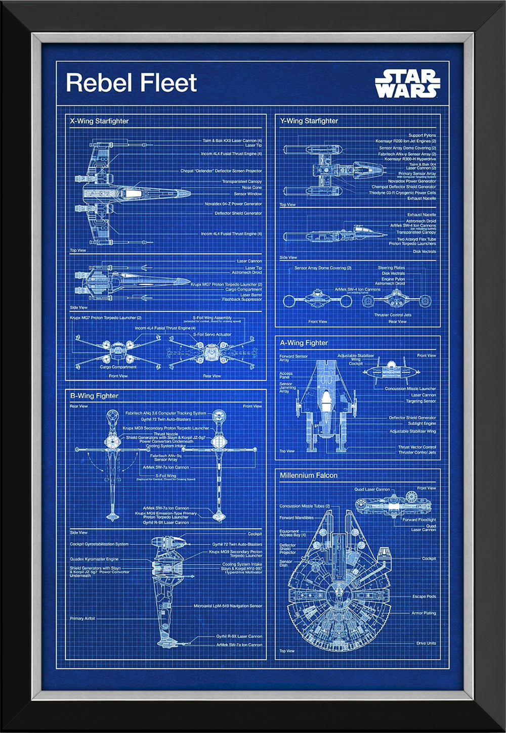 Rebel Fleet & Millennium Falcon Blueprints - Star Wars Framed Canvas (33.5"X23.5"), Star Wars, Pop Culture Art, Movies, Collectibile Memorabilia, AAAPM32630