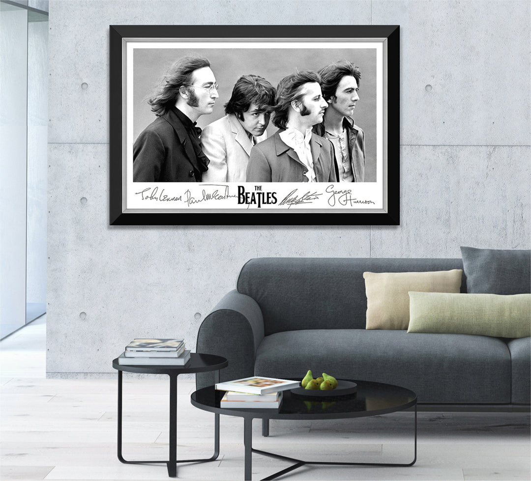 The Beatles Black & White Portrait Framed Canvas Facsimile Autographs, The Beatles, Pop Culture Art, Music, Collectibile Memorabilia, AACMM32694