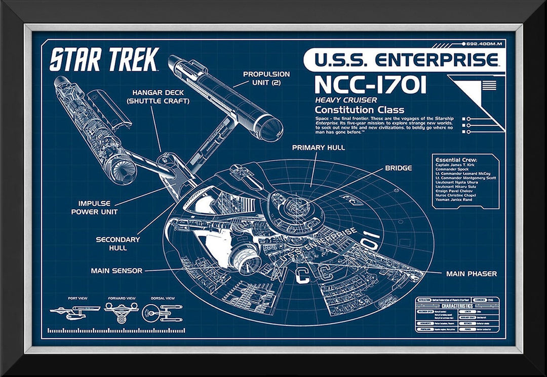 Star Trek Uss Enterprise Blueprints - Framed Canvas With Star Fleet Insignia (33.5"X23.5"), Star Trek, Pop Culture Art, Movie and Television, Collectibile Memorabilia, AACMM32697