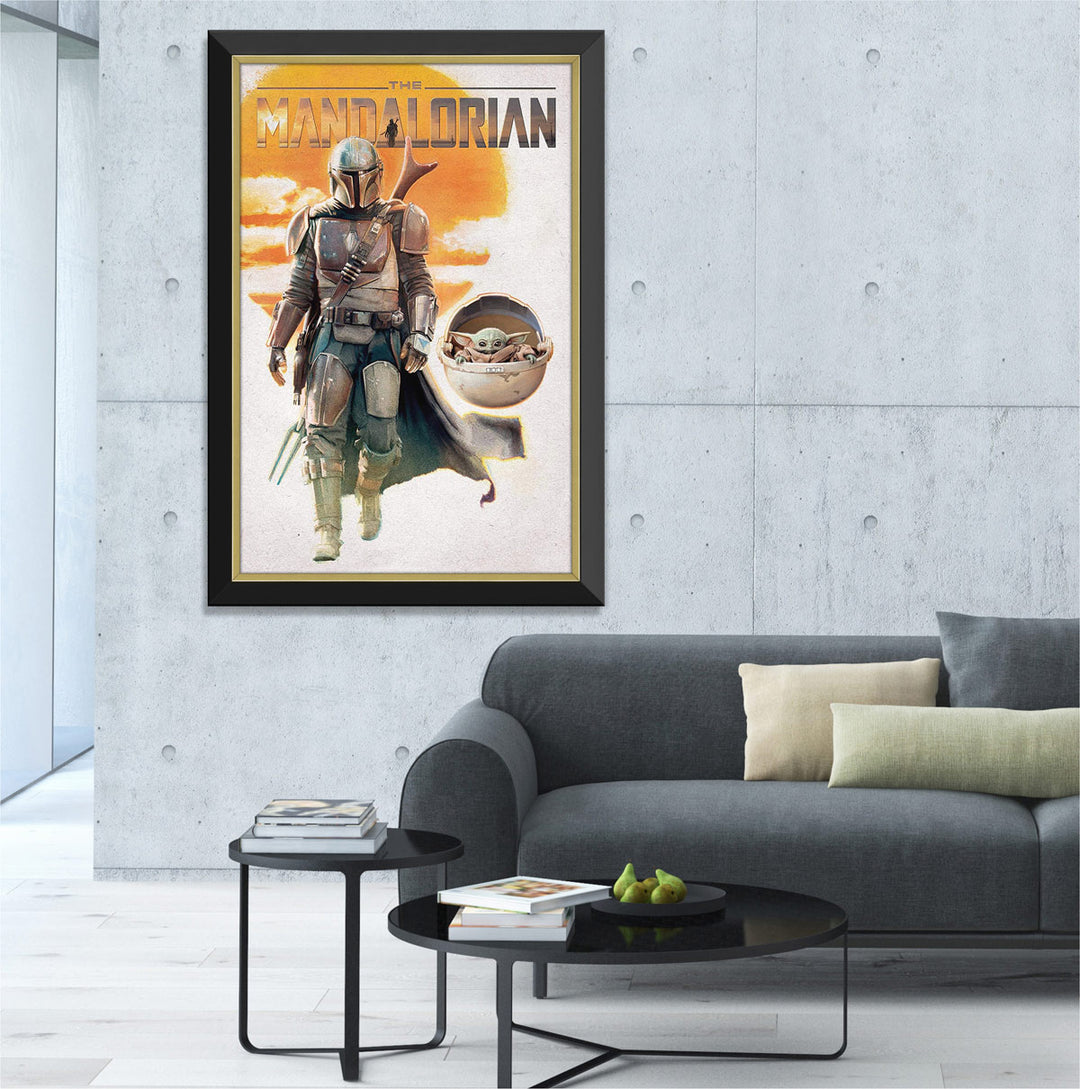 The Mandalorian - Mando & Baby Yoda Framed Star Wars Canvas (33.5" By 23.5"), Star Wars, Pop Culture Art, Movie and Television, Collectibile Memorabilia, AAAPM32610