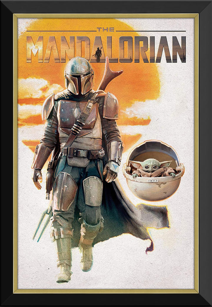 The Mandalorian - Mando & Baby Yoda Framed Star Wars Canvas (33.5" By 23.5"), Star Wars, Pop Culture Art, Movie and Television, Collectibile Memorabilia, AAAPM32610