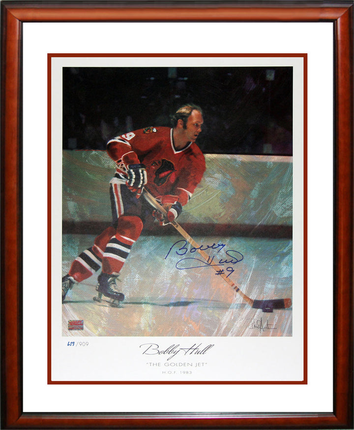 The Golden Jet Lithograph Signedxbobby Hull - Limited Edition Of 909 27"X23", Chicago Blackhawks, NHL, Hockey, Autographed, Signed, AACMH30203