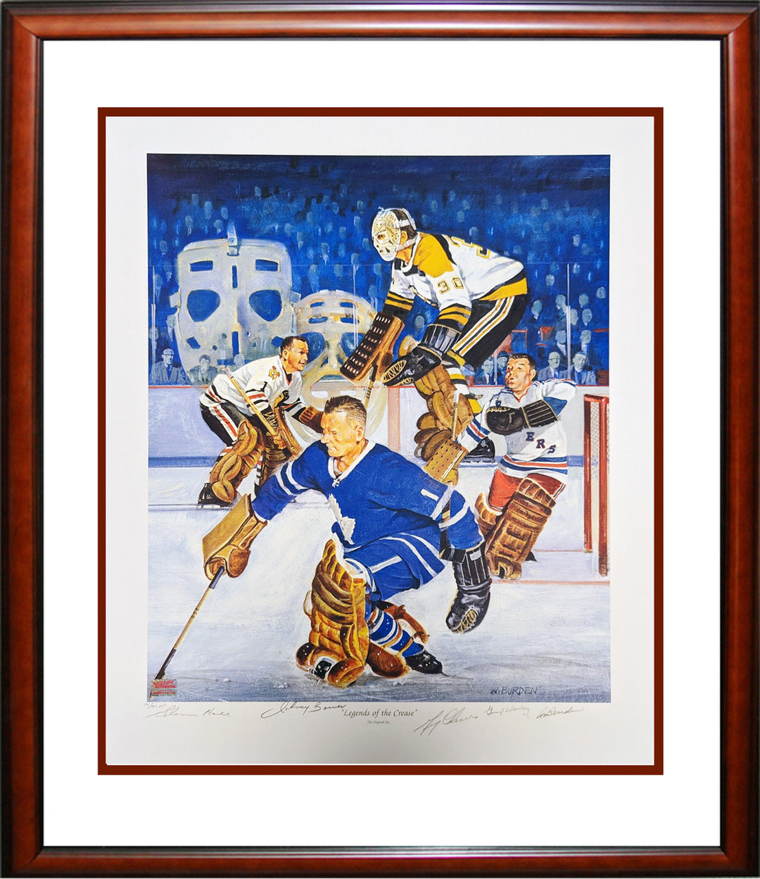 Framed Signed Litho: Bower, Cheevers, Hall, Worsely Ltd Ed /197 Ltd Ed 30"X26", Original Six, NHL, Hockey, Autographed, Signed, AALCH33193