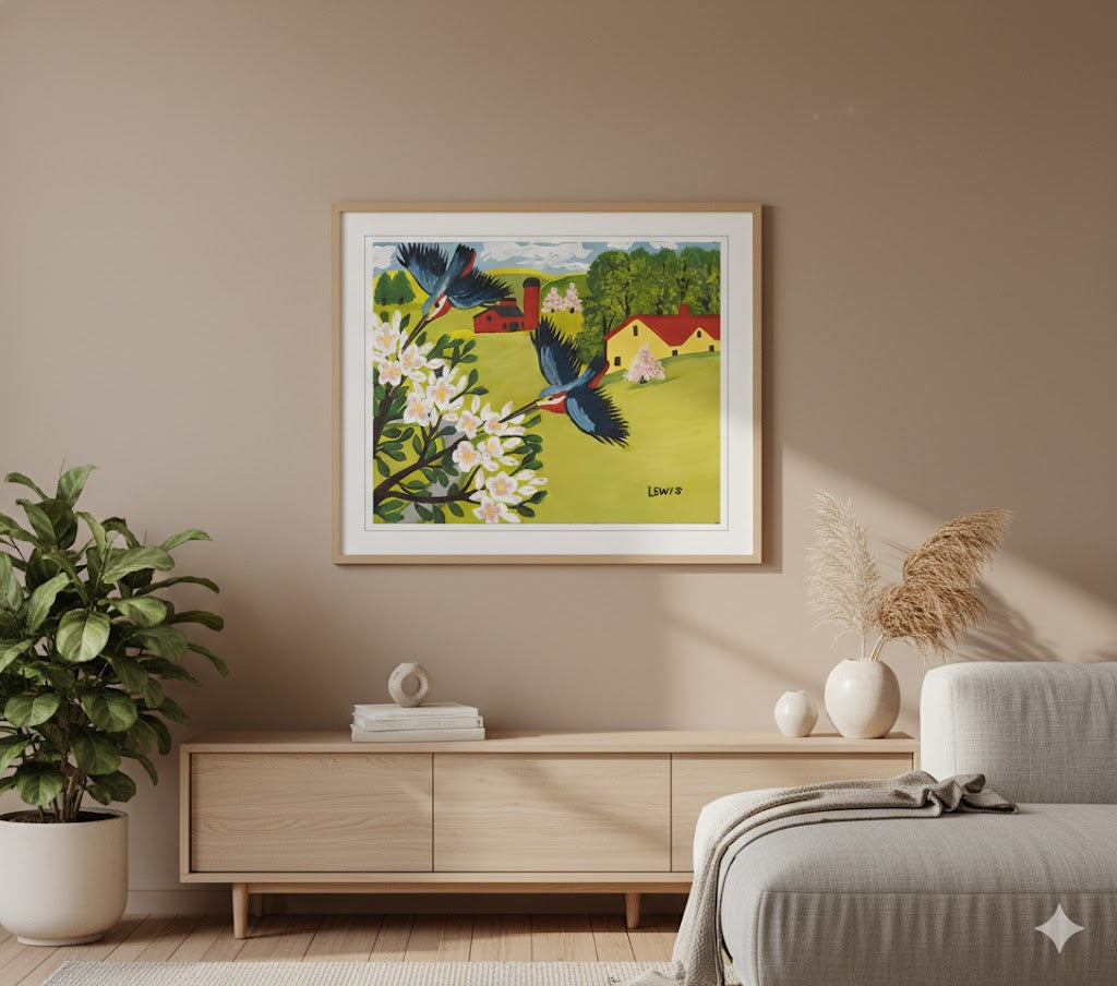 Framed Art Print By Maud Lewis Hummingbirds Folk Art Painting Flat Style Wall Decor 24 X 28 Inches, Maud Lewis, American Art, Art, Collectibile Memorabilia, AAAPA33483