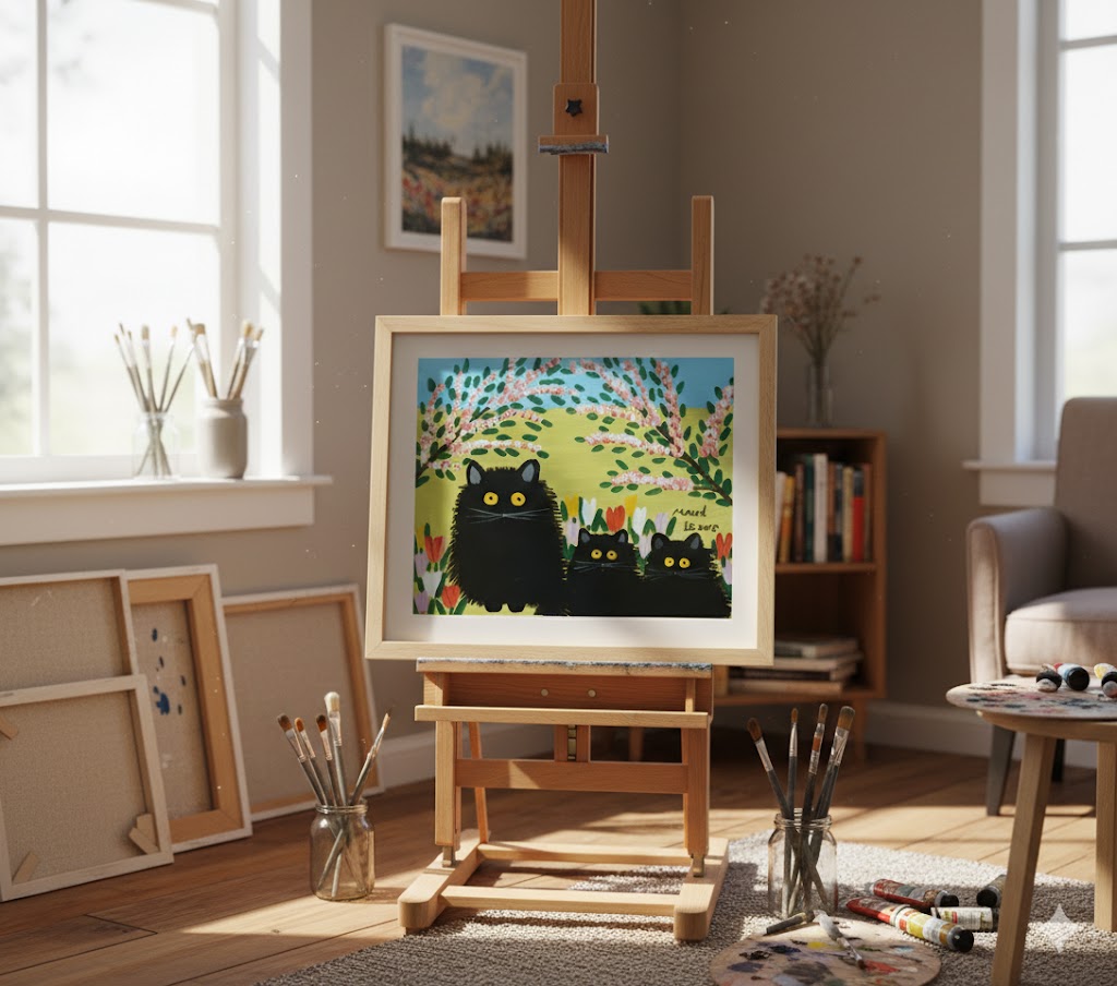 Framed Art Print By Maud Lewis Three Black Cats Folk Art Painting Flat Style Wall Decor 24 X 28 Inches, Maud Lewis, American Art, Art, Collectibile Memorabilia, AAAPA33485