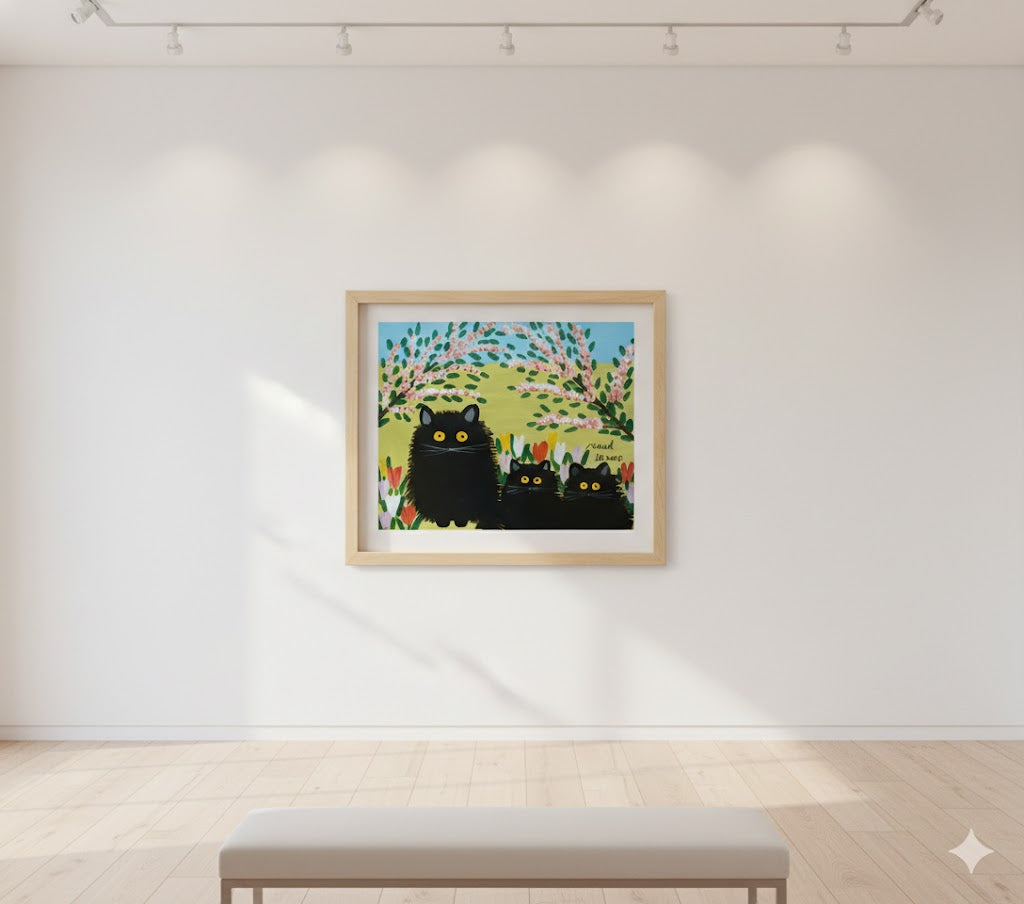 Framed Art Print By Maud Lewis Three Black Cats Folk Art Painting Flat Style Wall Decor 24 X 28 Inches, Maud Lewis, American Art, Art, Collectibile Memorabilia, AAAPA33485