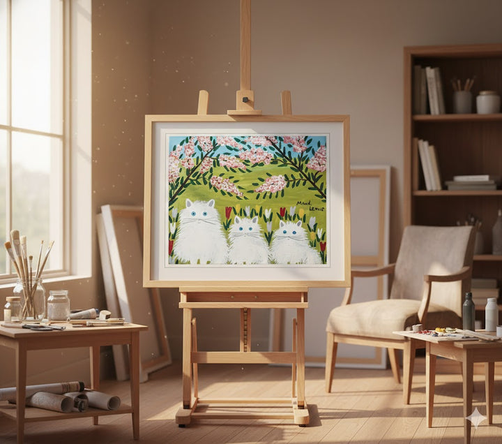 Framed Art Print By Maud Lewis Three White Cats Folk Art Painting Flat Style Wall Decor 24 X 28 Inches, Maud Lewis, American Art, Art, Collectibile Memorabilia, AAAPA33486