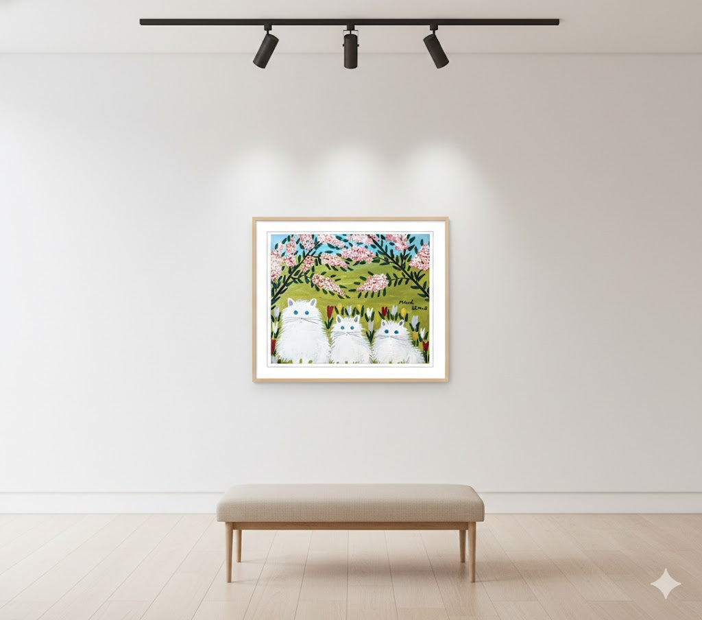 Framed Art Print By Maud Lewis Three White Cats Folk Art Painting Flat Style Wall Decor 24 X 28 Inches, Maud Lewis, American Art, Art, Collectibile Memorabilia, AAAPA33486